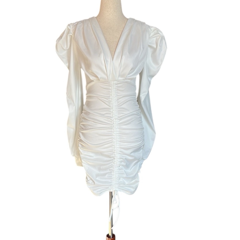 Ruched Short Mini Dress Long Sleeve Puff Sleeve Pleated Drawstring Dress - Picture 10 of 10
